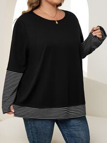 SHEIN CURVE+ 大码女式条纹拼接圆领长袖休闲宽松T恤 - 彩色 - 查看 9