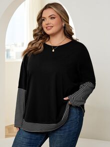 SHEIN CURVE+ 大码女式条纹拼接圆领长袖休闲宽松T恤 - 彩色 - 查看 6