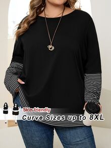 SHEIN CURVE+ 大码女式条纹拼接圆领长袖休闲宽松T恤 - 彩色 - 查看 4