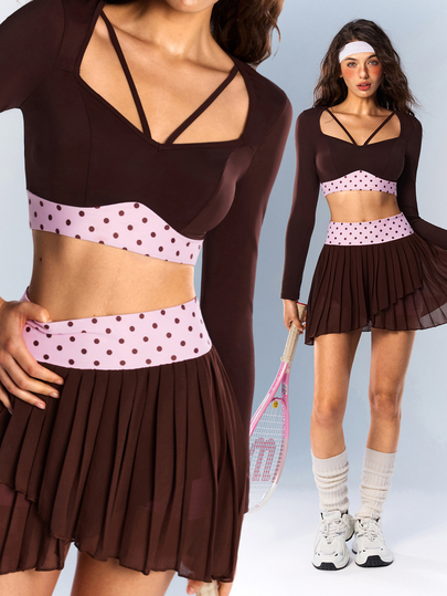 VARSIVA Women's Street Polka Dot Print Cropped Top And Pleated Pocket Skort Sporty Set