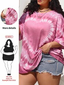 SHEIN CURVE+ 大码女式爱心扎染印花宽松落肩T恤 - 粉色 - 查看 1