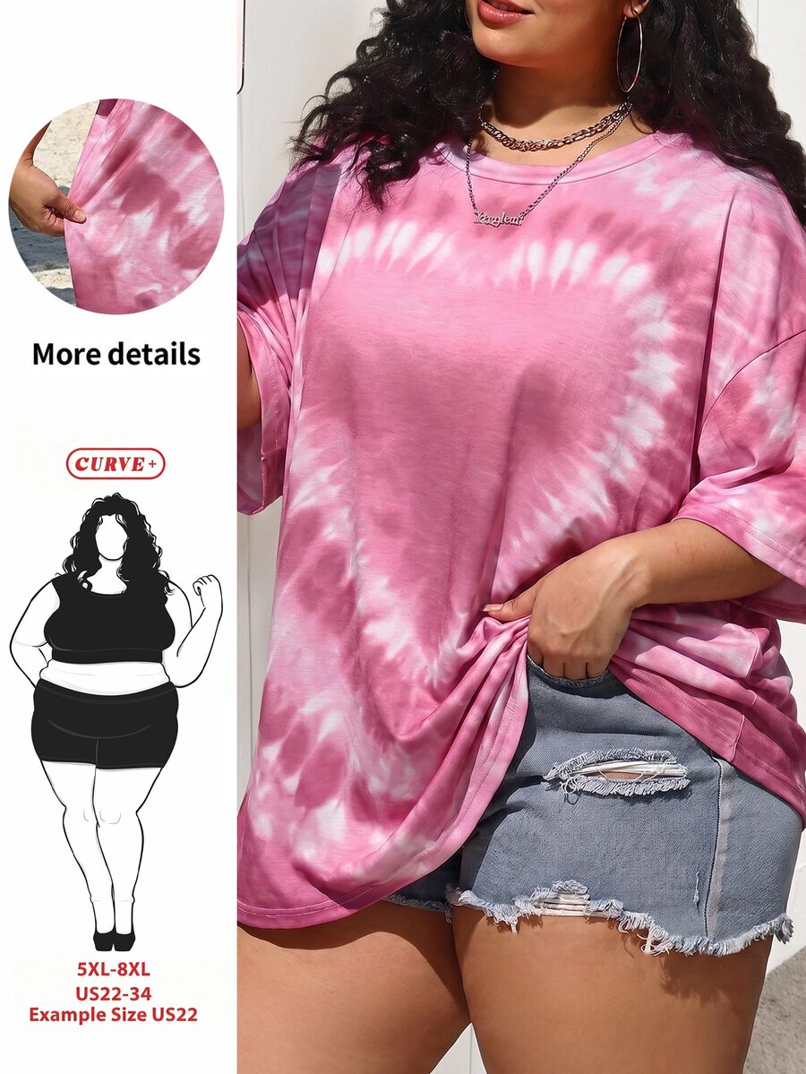 SHEIN CURVE+ 大码女式爱心扎染印花宽松落肩T恤 - 粉色 - 查看 1