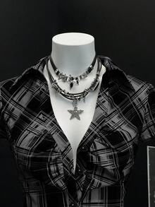 Bitrose 女士褶裥单排扣修身短袖格子拼接衬衫 - 深灰色 - 查看 4