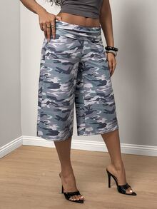 BamGleam Autumn And Winter Retro Street Camouflage Print Loose Wide-Leg Gray Capri Pants, Sexy Casual Style Sports Jogging Pants For Going Out - Multicolor - View 7