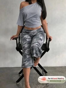 BamGleam Autumn And Winter Retro Street Camouflage Print Loose Wide-Leg Gray Capri Pants, Sexy Casual Style Sports Jogging Pants For Going Out - Multicolor - View 9