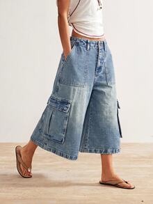 Bohemela Women's Casual Washed Wide Leg Cargo Pants - Blue - View 6