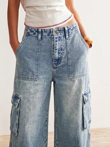 Bohemela Women's Casual Washed Wide Leg Cargo Pants - Blue - View 3