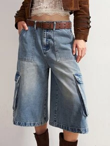 Bohemela Women's Casual Washed Wide Leg Cargo Pants - Blue - View 1