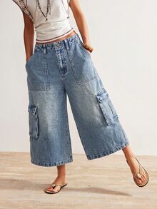 Bohemela Women's Casual Washed Wide Leg Cargo Pants - Blue - View 4