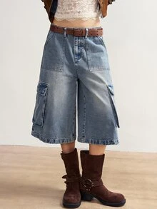 Bohemela Women's Casual Washed Wide Leg Cargo Pants - Blue - View 10