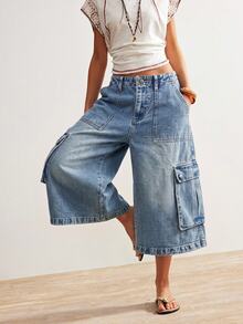 Bohemela Women's Casual Washed Wide Leg Cargo Pants - Blue - View 2