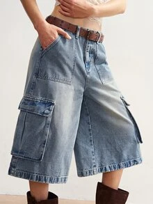 Bohemela Women's Casual Washed Wide Leg Cargo Pants - Blue - View 7