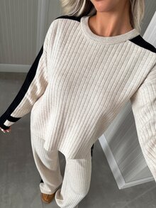 SHEIN طقم نسائي من قطعتين للراحة المنزلية: كنزة محبوكة مضلعة بحواف متباينة وبنطال بقصة مستقيمة - بيج - مشاهدة 8