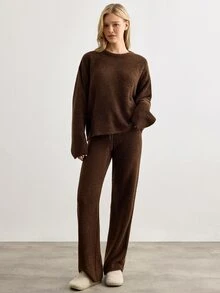 SHEIN طقم نسائي من قطعتين من الصوف الناعم، كنزة فضفاضة وبنطال واسع الساق، ملابس مريحة متناسقة - بني - مشاهدة 4