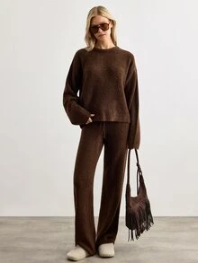 SHEIN طقم نسائي من قطعتين من الصوف الناعم، كنزة فضفاضة وبنطال واسع الساق، ملابس مريحة متناسقة - بني - مشاهدة 5
