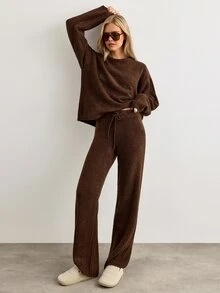 SHEIN طقم نسائي من قطعتين من الصوف الناعم، كنزة فضفاضة وبنطال واسع الساق، ملابس مريحة متناسقة - بني - مشاهدة 10