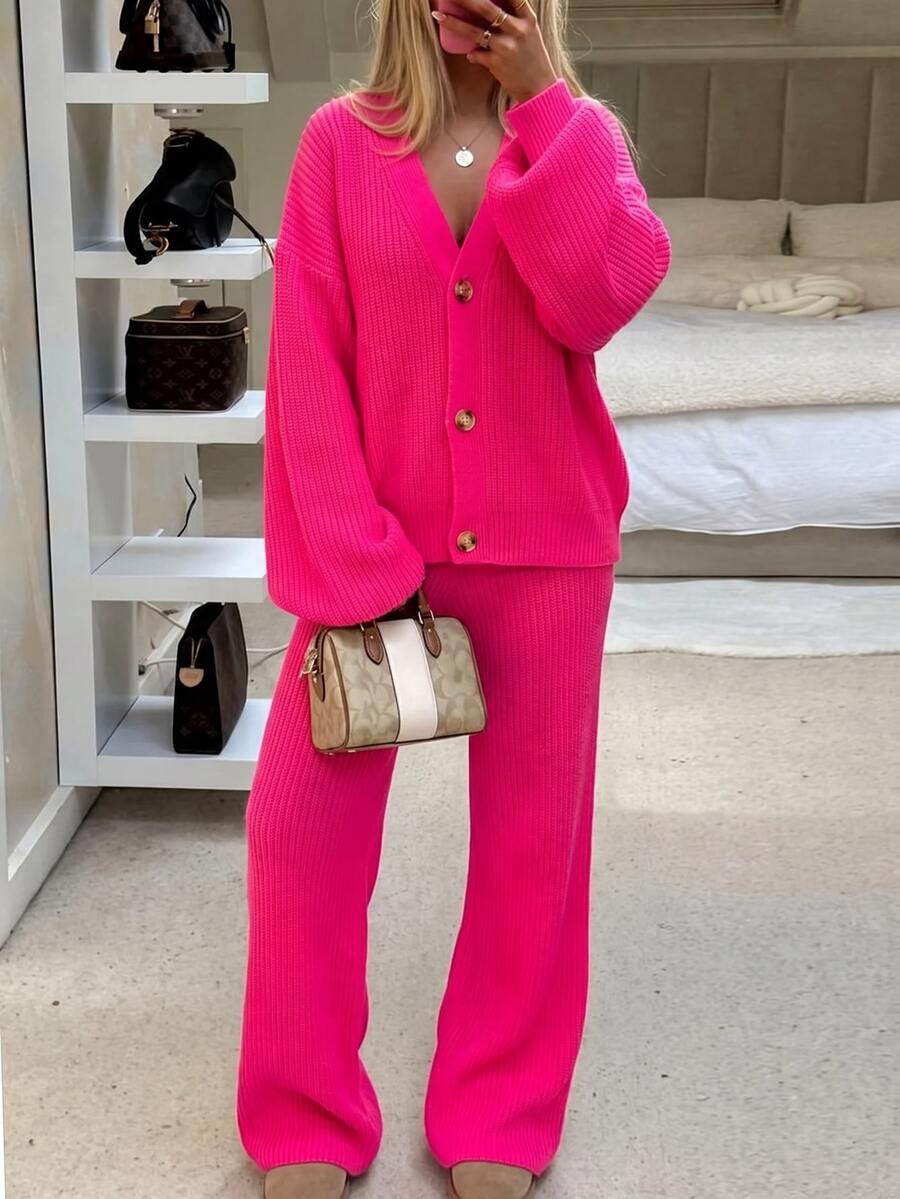 SHEIN Women's Oversized Casual Knit Cardigan Wide Leg Pants Two Pieces Lounge Set Everyday Travel Hot Pink - Brown - View 1
