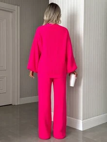 SHEIN Women's Oversized Casual Knit Cardigan Wide Leg Pants Two Pieces Lounge Set Everyday Travel Hot Pink - Brown - View 2