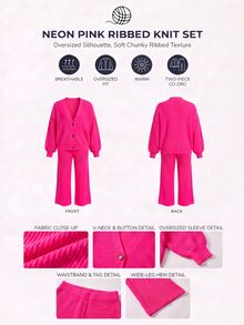 SHEIN Women's Oversized Casual Knit Cardigan Wide Leg Pants Two Pieces Lounge Set Everyday Travel Hot Pink - Brown - View 3