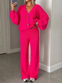 SHEIN Women's Oversized Casual Knit Cardigan Wide Leg Pants Two Pieces Lounge Set Everyday Travel Hot Pink - Brown - View 7