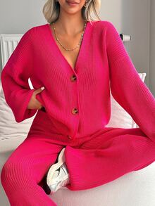 SHEIN Women's Oversized Casual Knit Cardigan Wide Leg Pants Two Pieces Lounge Set Everyday Travel Hot Pink - Brown - View 8