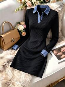 SHEIN Fall Women Ribbed Knit Mini Dress Contrast Collar Cuffs Long Sleeve V Neck Button Slim Fit Casual Preppy Daily Bodycon Short Everyday School Black - Black - View 7