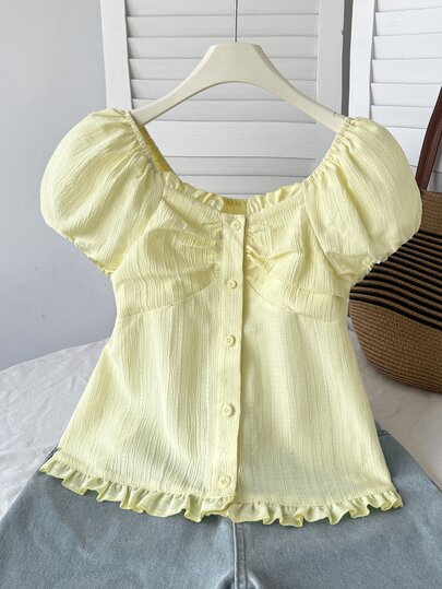 SHEIN Tween Girl Fashion Casual Cute Woven Short Sleeve Shirt Top Back-To-School School Pale Yellow Summer Blouse