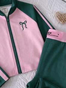 SHEIN Young Girl 針織拼色立領修身休閒開襟衫與修身休閒喇叭長褲 2 件套 - 彩色 - 查看 4