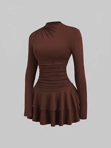 SHEIN Girls' Sweet Cool Chocolate Brown Long Sleeve Dress, Autumn, Half-High Neck With Single-Side Pleated Design, Exquisite And Unique Party Cute Elegant - Coffee - View 3