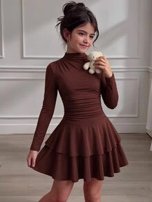 SHEIN Girls' Sweet Cool Chocolate Brown Long Sleeve Dress, Autumn, Half-High Neck With Single-Side Pleated Design, Exquisite And Unique Party Cute Elegant - Coffee - View 4