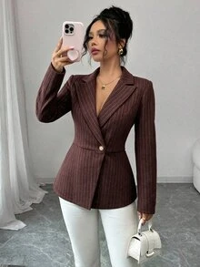 SHEIN Franclia Women's Professional Vintage Striped Waist Design Blazer Jacket, Autumn/Winter Popular Women's Clothing, Suitable For Office Commute Style Cardigan Outerwear - Red - View 1