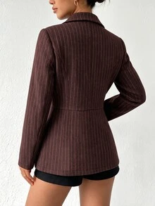 SHEIN Franclia Women's Professional Vintage Striped Waist Design Blazer Jacket, Autumn/Winter Popular Women's Clothing, Suitable For Office Commute Style Cardigan Outerwear - Red - View 2