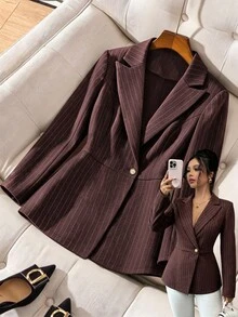 SHEIN Franclia Women's Professional Vintage Striped Waist Design Blazer Jacket, Autumn/Winter Popular Women's Clothing, Suitable For Office Commute Style Cardigan Outerwear - Red - View 3
