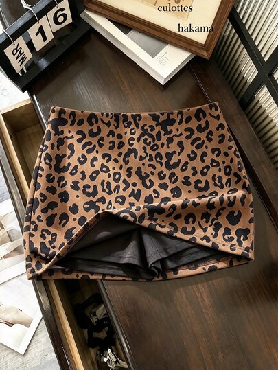 SHEIN Franclia European And American New Fashion Fabric Elegant Design Leopard Print Anti-Exposure Skorts Sexy Women's Skirt, Women's Spring Summer Skirt, Autumn Winter Clothing, Autumn Outfit, Vacation, Outing, Y2K, Spring, Summer, Back To School, Casual, Beach, Business, Versatile, Sexy, Women's Brown Skirt, Women's Spring Autumn Bottoms, Skorts