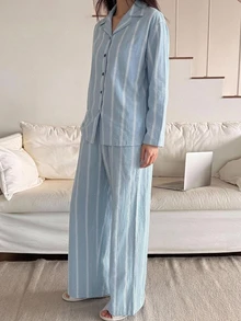DAZY 女款條紋對比色鈕扣睡衣套裝 秋季 - 藍色 - 查看 9
