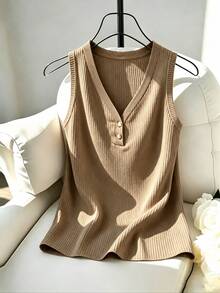 Selianne Women's Summer Casual Solid Color Tank Top Office Everyday Khaki Green - Khaki - View 6