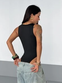 StreetHx Women's Solid Color Sleeveless Front Zipper Bodysuit, Summer Going Out Club Black Sexy - Black - View 4