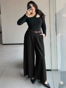 Dazy Plus 大尺碼女款黑色寬鬆寬腿牛仔褲，顯眼縫線設計，四季皆宜，適合晚宴、海灘、秋季、休閒與正式場合 - 黑色 - 查看 4