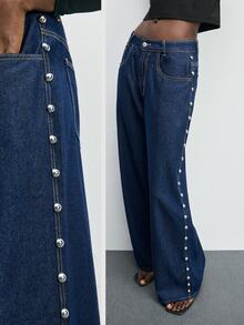 Maija Women's Casual Fashion Street Punk Style Rivet Decor Loose Wide-Leg Jeans - Dark Wash - View 4