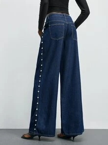 Maija Women's Casual Fashion Street Punk Style Rivet Decor Loose Wide-Leg Jeans - Dark Wash - View 5
