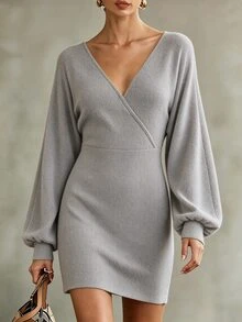 Glimmora Casual Elegant V-Neck Women's Short Dress Everyday Date Grey Autumn - Grey - View 2