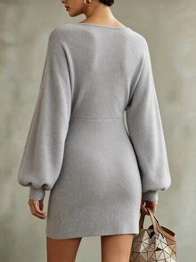 Glimmora Casual Elegant V-Neck Women's Short Dress Everyday Date Grey Autumn - Grey - View 3