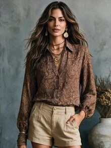 Glimmora Vintage Boho Brown Floral Paisley Print Women's Blouse Vacation Autumn - Rust Brown - View 2