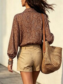 Glimmora Vintage Boho Brown Floral Paisley Print Women's Blouse Vacation Autumn - Rust Brown - View 4