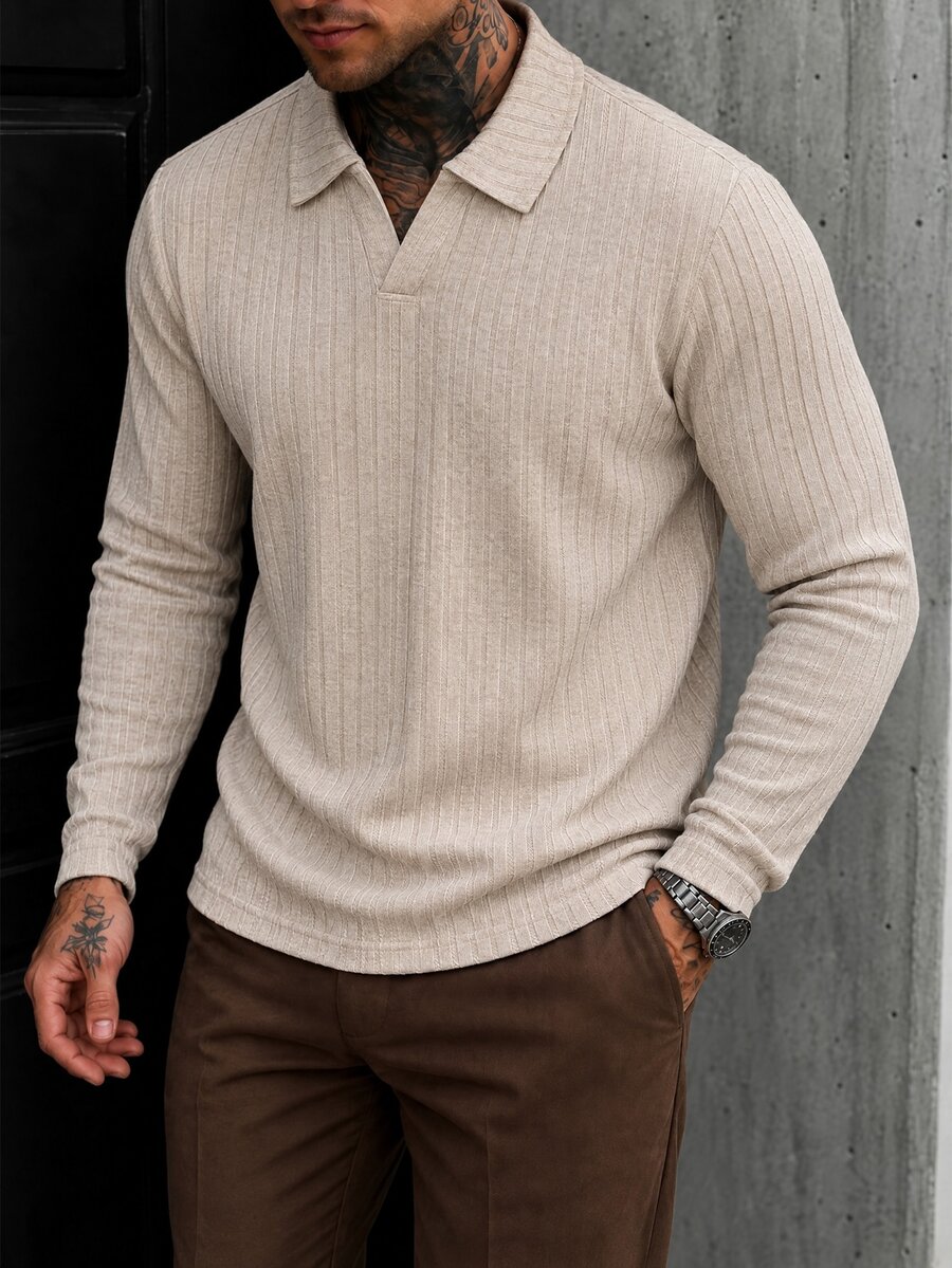 Manfinity CasualCool Men's Casual Versatile Solid Color Long Sleeve Polo Shirt - Apricot - View 1