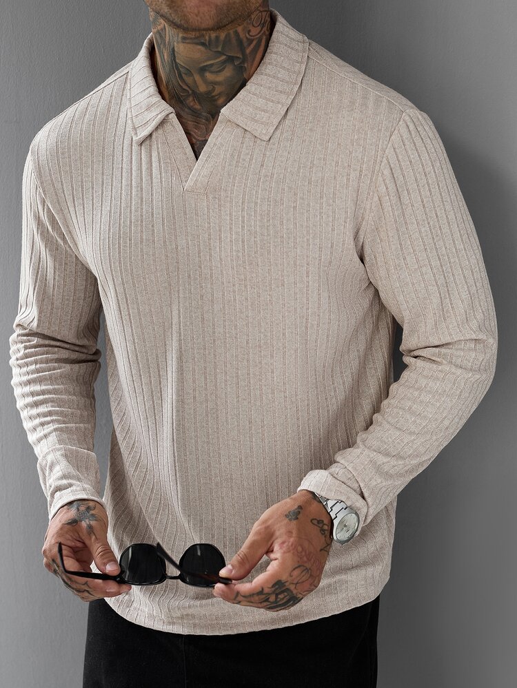 Manfinity CasualCool Men's Casual Versatile Solid Color Long Sleeve Polo Shirt - Apricot - View 5
