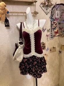 Glimmora 女款秋季優雅復古撞色蕾絲拼接細肩帶背心，白色與酒紅色，適合約會之夜與夜晚外出 - 彩色 - 查看 6
