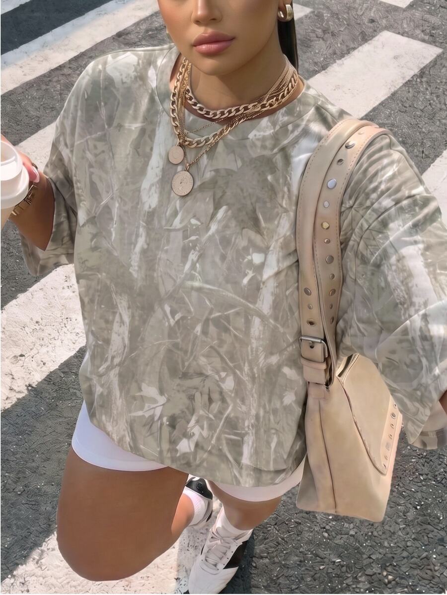 Muchica Plus Size Casual Streetwear Minimalist Round Neck Short Sleeve T-Shirt Suitable For Summer Holiday Wedding Office Date Night Guest Sage Green - Multicolor - View 1