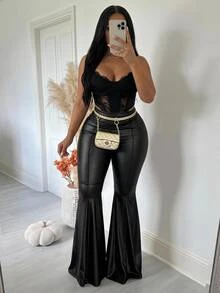 SHEIN CURVE+ Us22 Fall New Arrival New Year, Western Casual Baggy Sexy, Nomadic, Birthday Party Club Party Evening Night, Graduation Black - Black - View 3
