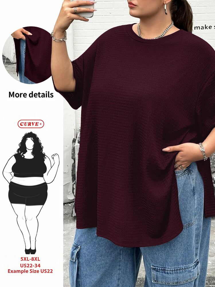 SHEIN CURVE+ Plus Size Casual Textured Short Sleeve Side Slit T-Shirt - Burgundy - View 1
